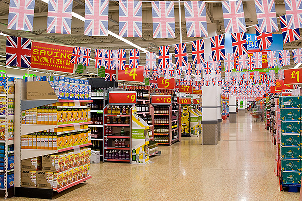 _SOC6546 Bunting in the central aisle of Asda, Swanley. Only the prices seem to have changed in a scene out of the 70s. April 29, 2011. Photo ยฉ Michael Cockerham